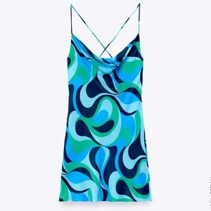 NWT Blogger Favorite Zara The Safia Dress Retro Blue Swirl Satin Mini Dress